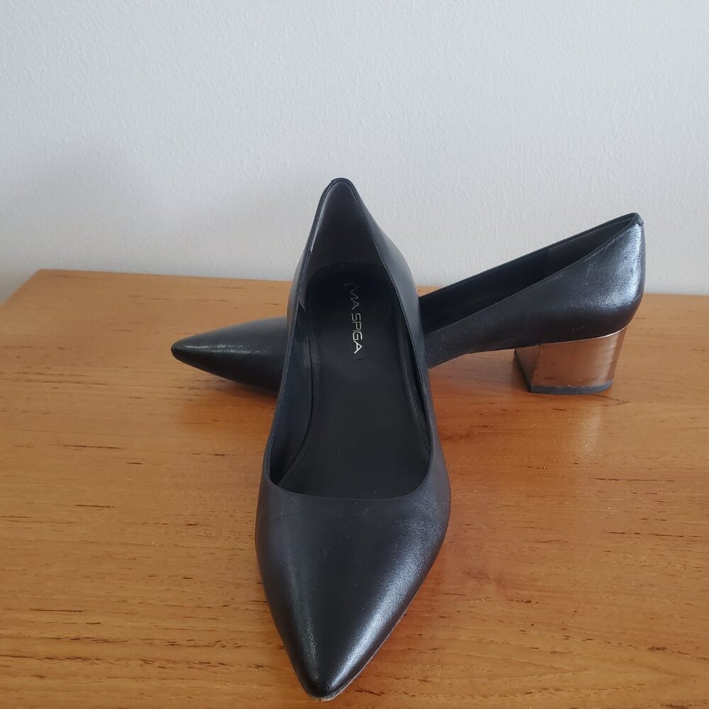 Via Spiga W 8M Classic Black Silver Block Heel Pointed Toe Leather Pump A215